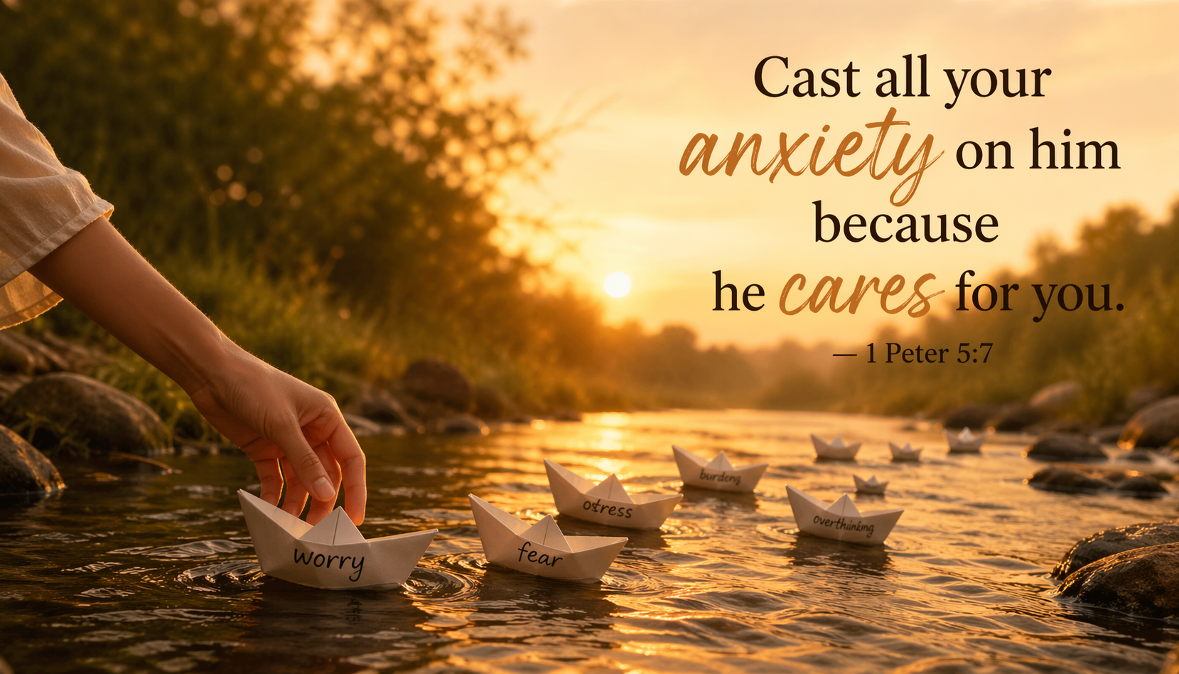 1 Peter 5:7 — Cast All Your Anxiety — Paper Boats Worry Stream Wallpaper HD